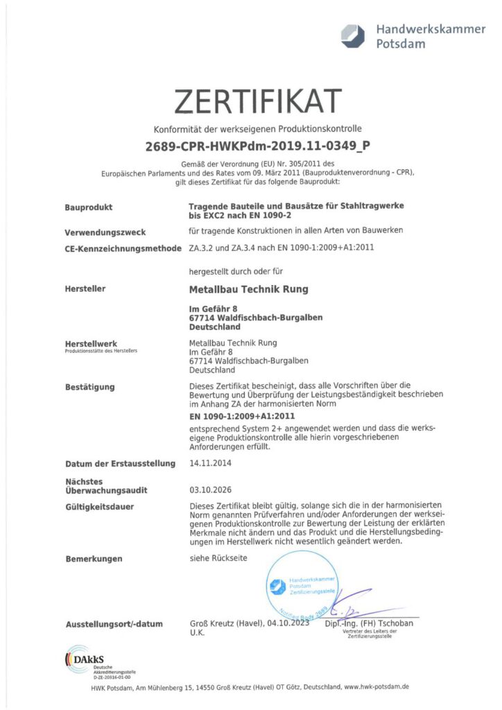 Zertifikat Konformität der werkseigenen Produktionskontrolle